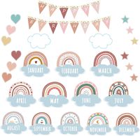 you will receive 52 bulletin board decorations, including 12 rainbow cardboard from January to December, 14 triangular 'HAPPY BIRTHDAY' banners, 12 hearts,12 stars and 2 white clouds, rainbow bulletin board decors adopt 12 decorative rainbow patterns to distinguish different months and provide ample room for writing