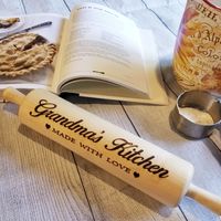 Kitchen, Glowforge, Laser Engraved, Rolling Pin, Wood Turning, Lathe, Cooking, Grandma, Mom, Meemaw, Mimi, Baking, Made with love, hearts, Gift, Holiday, custom, personalized. 