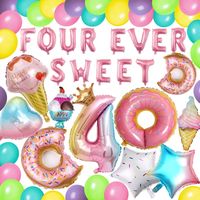 PRICES MAY VARY. 4th Birthday Decoration Set: 16inch pink letter balloons banner "FOUR EVER SWEET", 3 pcs donut balloons, 3 pcs ice cream balloons, 2 pcs 18inch star balloons, 1 pc 18inch heart balloon, 1 pc 32inch number 4 balloons with a small crown balloon, and 30 pcs 10inch latex balloons, will make your princess birthday party very special. Sweet Girl Theme Party: Use donuts as the birthday party theme with sweet elements such as ice cream, crowns and colorful latex balloons to create a dre