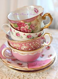 Mix Match China and use a single color to tie them all together.  This stack of pink themed tea cups works well together even though there is a variety of shapes and styles. ~MWP - Aiken House & Gardens: Soft and Pretty Tea Time