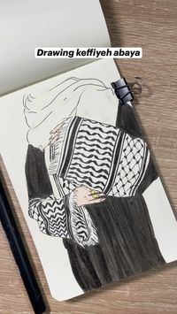 Small sketch of the Palestinian Keffiyeh Sleeve Abaya that I got from @veilandco it’s my second abay from them & I’m obsessed that I had to draw it!  The keffiyeh is a symbol of resistance and strength & also part of the Palestinian culture, wearing it shows solidarity with the Palestinians issue. Free Palestine 🇵🇸