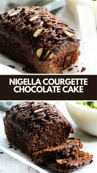 Nigella’s Courgette Chocolate Cake is made with butter, orange zest, sugar, eggs, flour, unsweetened cocoa, cinnamon, milk, grated zucchini, cocoa, and chopped pecan nuts creating a delicious and fluffy dessert that takes an hour to be ready!