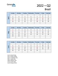 Free quarterly calendar for Brazil with holidays. Holiday calendars in PDF, Word, and Excel are printable and easy to customize.