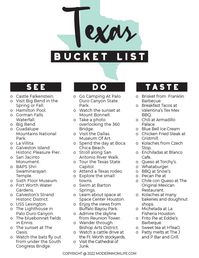 Download the ultimate Texas Bucket List complete with over 50 fun and easy things to do, see and eat in the great state of Texas. Get ready to explore all the wonderful things Texas has to offer. One page of places to see, food to taste, and things to do in Texas. One page with blank spaces for you to fill in yourself. If you do not immediately receive the email, make sure to check your promotions, spam, and junk folders! Email info@modernmomlife.com if you run into any problems.