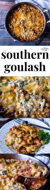 Southern Goulash is an easy weeknight dinner recipe! Pure comfort food, this wallet-friendly supper is one the whole family will love. Meat, pasta, fresh onion and bell pepper all topped with cheese is something I can always get behind. Plus, it is easy to change up based on picky eaters. This goulash recipe is a must-make! #goulash #comfortfood #goulashrecipe #familydinner #weeknightmeal #budgetfriendlymeal