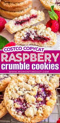 Raspberry Crumble Cookies are melt in your mouth amazing! A shortbread style cookie filled with sweet raspberry jam and topped with a sweet and buttery crumble. Half tart, half cookie and totally delicious! Perfect for any occasion including a quick afternoon or evening pick me up! // Mom On Timeout