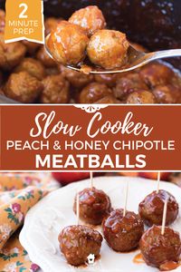 These easy crockpot Peach & Honey Chipotle appetizer meatballs are absolutely delicious and perfect as an easy appetizer for a party, tailgate, or potluck! Hardly any prep work - just toss 3 ingredients in the slow cooker and you'll have some of the best sweet and spicy meatballs for the occasion! #appetizers #meatballs #party #partyfood #tailgating