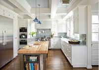 I don't like anything about this kitchen EXCEPT, I am intrigued by the stain color and the grain direction of the wood on on the island top contrasts with the floor. 