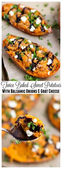 Twice Baked Sweet Potatoes with Balsamic Onions are one of my favorite easy side dishes! Perfect for holidays, special dinners or a weeknight meal! The whole family loves these!