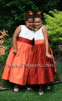 Orange, rust and mango silk flower girl dresses | Pegeen ~ Located 1 mile from Disney World, Selling online and shipping worldwide. Call us for design help! 407-928-2377