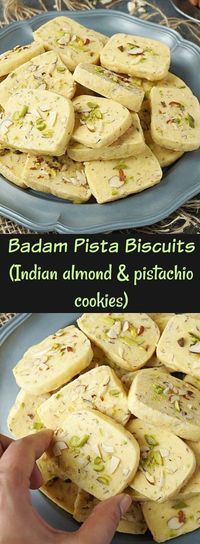 Step by step pictorial recipe to make tender and crumbly, melt in the mouth, eggless badam pista biscuits, Hyderabad Karachi bakery style.