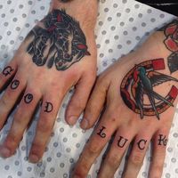 Traditional hand tattoos #hoseshoe #sparrow #goodluck