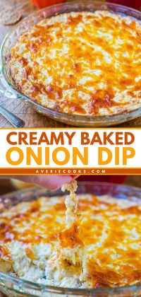 Your Super Bowl party ideas must have this double cheese and sweet onion dip! With cream cheese and grated cheese, this homemade onion dip is a delicious and easy game day food. Put this warm dip on your New Year recipes, too!