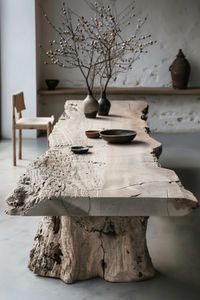 Discover rustic elegance with 100 Wabi Sabi dining table ideas that combine rugged charm with refined sophistication. From distressed finishes to artisanal details, these designs exude a sense of warmth and character, creating a dining space that is both inviting and stylish, perfect for memorable meals and cherished moments.