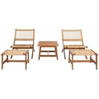 This Casella Set allows you to stretch out and enjoy the summer breeze with ease and style. Two natural finished acacia wood chairs and matching ottomans allow for lavish lounging in the sunshine, and an end table provides ample space for coffees, cocktails, or snacks. Care Instructions: Cover or Store Indoors When Not in Use