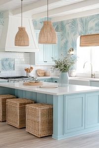 ♥ Looking for inspiration to create your own coastal kitchen oasis? Dive into the beauty of this modern coastal kitchen design, featuring a stunning white backsplash. Perfect for beach houses and coastal cottages, this decor will transport you to your own California or Australia coastal paradise. 🌊🌴 #CoastalKitchen #CoastalKitchenDesign #BeachHouseDecor