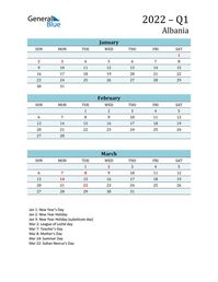 Free quarterly calendar for Albania with holidays. Holiday calendars in PDF, Word, and Excel are printable and easy to customize.