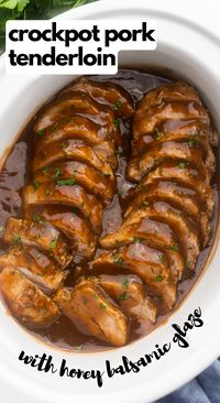 This Slow Cooker Pork Tenderloin is covered in an easy garlic herb rub and drizzled with a honey balsamic glaze! It's made with minimal effort, maximum flavor and is so unbelievably tender. #dinner #recipe #pork #crockpot | slow cooker recipes | crockpot recipes | slow cooker pork recipes | crockpot pork tenderloin | pork tenderloin recipes | easy dinner ideas 