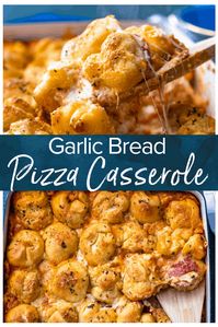 Pizza Casserole is the perfect cheese-filled dish to serve for a fun dinner! This pepperoni pizza casserole recipe is made with layers of cheese, sauce, and pepperonis, then topped with balls of pizza dough and brushed with garlic butter. You're left with a DELICIOUS garlic bread pizza bake that everyone will love!