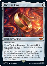 2 listings on TCGplayer for The One Ring - Magic: The Gathering - Indestructible When The One Ring enters the battlefield, if you cast it, you gain protection from everything until your next turn. At the beginning of your upkeep, you lose 1 life for each burden counter on The One Ring. T: Put a burden counter on The One Ring, then draw a card for each burden counter on The One Ring.