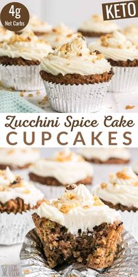 These delicious keto spice cake zucchini cupcakes are topped with a sugar-free cream cheese frosting. For muffins, just leave them unfrosted!