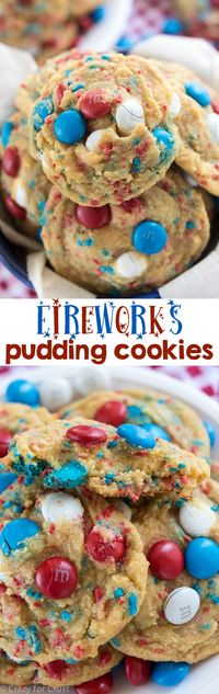 Fireworks Pudding Cookies - an easy brown sugar pudding cookie full of red, white, and blue! Perfect cookie recipe for the 4th of July.