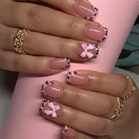 24pcs 3D Pinkish Leopard Print Bow Press On Nails Short Square False Nails French Tip Sweet Acrylic