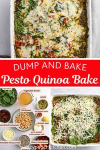 Dump and Bake Pesto Quinoa Bake: Here is a hearty quinoa and chickpea dish. This is loaded with spinach, chickpeas, lemon zest, cherry tomatoes, spices, pesto and more all baked into one casserole. Dump, bake, and serve a hearty and filling vegetarian dish. Serve this up for any night of the week.