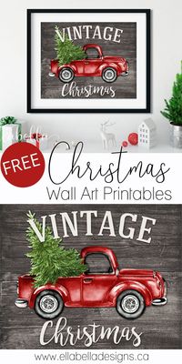 Free Christmas Wall Art Printables | Vintage red truck Christmas printable