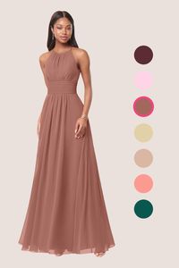 Bonnie is a floor-length chiffon bridesmaid dress in an A-line cut. Bonnie features a halter neckline with a unique key-hole back. This bridesmaid dress is available in full size range (A0-A30) and custom sizing.