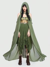 Women's Vintage Hooded Cape Coat, Forest Elf Queen Style Army Green Party  Sleeveless Woven Fabric Floral,Halloween  Slight Stretch  Women Clothing, size features are:Bust: ,Length: ,Sleeve Length: