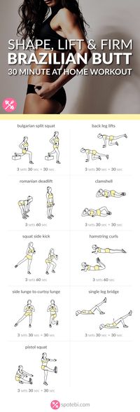 Want to know the secret to a perfect booty? Try this 30 minute sculpting and lifting Brazilian butt workout. Shape and firm your glutes and thighs fast! http://www.spotebi.com/workout-routines/shape-lift-firm-brazilian-butt-workout/