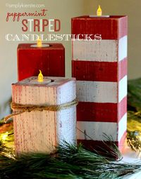 Peppermint Striped Candlesticks made from 4x4 posts...easy, inexpensive to make, and ADORABLE!! simplykierste.com