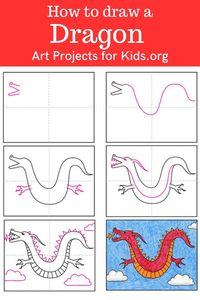 Learn how to draw a Dragon with an easy step-by-step PDF tutorial. #howtodraw #tutorial #drawing #drawingtutorial #arttutorial #artprojectsforkids #howtodrawforkids #dragondrawing