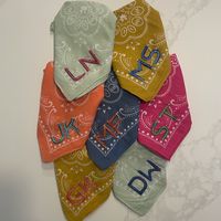 These custom hand embroidered bandanas make the perfect gift for your bridesmaids, or for your next event. Personalize these bandanas with 1-3 initials or a name/word up to 5 letters.  This bandana features a large decorative stitch with your choice either 1 or 2 thread colors on your choice of bandana. input the letters in the personalization box along with the color thread you would like the personalization in! I will message you to confirm color choice so that you are 100% satisfied with your order! Like what you see? Find more great options in my shop here: www.etsy.com/shop/JaneEastan Also follow me on Instagram @janeeastan for new designs, handmade markets and giveaways