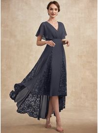 JJ's House Pleated Lace Chiffon V-Neck Spring Summer A-line General Plus No Leg Slit Back Zip Elegant High Low Other Colors Height:5.8ft（176cm） Bust:32in（82cm）Waist:24in（61cm）Hips:35in（89cm） No Asymmetrical Blue Short Sleeve Flutter Sleeve Mother of the Bride Dress. #JJ's House #Pleated #Lace #Chiffon #VNeck #Spring #Summer #Aline #General #Plus #NoLegSlit #BackZip #Elegant #HighLow #OtherColors #No #Asymmetrical #Blue #ShortSleeve #FlutterSleeve #MotheroftheBrideDress