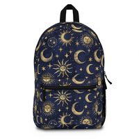 Illuminate your style with our Sun, Moon, and Star Backpack! This enchanting celestial book bag features a captivating design of suns, moons, and stars, perfect for students, travelers, and anyone who loves a touch of cosmic charm. Made from durable materials, it's designed to carry all your essentials with ease and style. .: 100% polyester .: Lightweight and waterproof .: Adjustable shoulder straps .: Blank name tag sewn inside .: Dimensions: Height - 17 inches, Width - 12.5 inches, Depth - 5 i