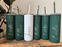 Thanks so much for checking out our laser engraved skinny tumblers!  Whether you are planning a bachelorette party, proposing to your bridesmaids or need a gift for the wedding day, these tumblers will not only keep your drinks cold, but they will be a wonderful keepsake to remember your special day.  With a super soft matte finish, screw on closeable lid and matching straw, you'll realize why these tumblers are top of the line as soon as you have one in hand. Choose from our variety of colors a