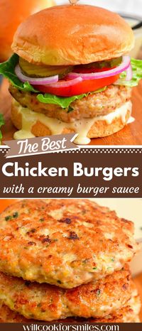 This recipe for the BEST Chicken Burgers cannot be beat! Juicy, flavorful chicken patties are absolutely delicious and you can use them in so many different dishes. I paired these delicious chicken burger a few simple veggies, delicate brioche buns, and addictive creamy sauce.