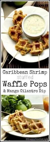 Caribbean Shrimp Stuffed Waffle Pops is a fun party appetizer recipe made right in your waffle maker with shrimp, waffle batter, and Caribbean seasoning. Recipe @SnappyGourmet.com #SnappyGourmet #Waffles #shrimp #Caribbean #appetizer #Snack #Partyfood #recipes