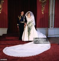 LONDON,UNITED KINGDOM - JULY 29: Diana, Princess of Wales and Prince Charles pose for the official photograph by Lord Lichfield in Buckingham Palace at their wedding on July 29, 1981 in St. Pauls Cathedral, London.