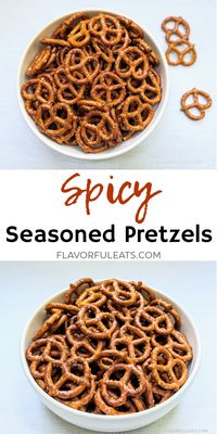 Spicy Seasoned Pretzels are the perfect party food!  Crunchy, salty, and loaded with flavor, these pretzels are sure to please!  A great snack for movies, game night, and lunch boxes too!