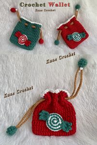 CROCHET CHRISTMAS 🍬🍬 How to Crochet Christmas Bag 🍬🍬 Christmas Crochet Candy 🍬 How to Crochet Wallet 🍬 Candy 🍬 Drawstring Bag Materials 😊 1. Cotton Yarn size 2 mm. 2. Crochet Hook size 3 mm.  Finished size: Height 11 cm. Width 11  cm.