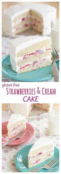 Gluten Free Strawberries and Cream Cake - a family favorite dessert recipe! Layers of white cake, sweet berries, and homemade whipped cream. | cupcakesandkalech...