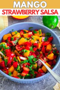 You can't get enough of this Mango Strawberry salsa. You can use it as a dip or as a topping. It just tastes amazing because of the combo Mango/Strawberry and all the other ingredients. It's the perfect refreshing topping for tacos or just dig in with your chips:). Enjoy!