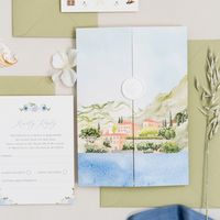 A Lake Como watercolour painting is the star of this suite! A stunning folded wedding invitation with your own custom venue illustration on the cover. Inside there is space for weekend events and guest information.  Shown with 'Villa Balbianello', Lake Como. This listing is for one set - simply add however many sets you need to your shopping cart. Each set includes: 1 x A6 Save the Date with envelope 1 x A5 Folded Invitation with envelope 1 x Wax Seal 1 x A6 RSVP Card with Envelope Supplied with