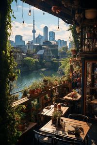 A rustic outdoor cafe located on the outskirts of Shanghai City. This is an AI artwork made possible using Midjourney.