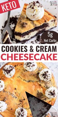 This decadent keto Oreo cookies and cream cheesecake recipe combines rich vanilla cream with cookie crumbles on a chocolate cookie crust.