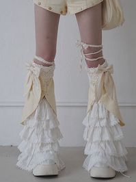 [$47.57]Beige Bowknots Tiered Leg Warmers Lace-up Detail