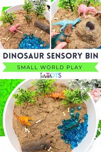 A dinosaur sensory bin activity your toddlers will love? It’s easier to create than you might think! Kinetic Sand and plastic dinosaurs are the stars of this dinosaur activity for toddlers. Add plastic bones, blue games, and mini trees to set the stage for imaginations to run wild. What prehistoric scenarios will your preschoolers dream up? Implement this kinetic sand sensory bin idea for preschool to find out!